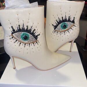 Kurt Geiger Cream Heeled Boots with Eye Embroidery
